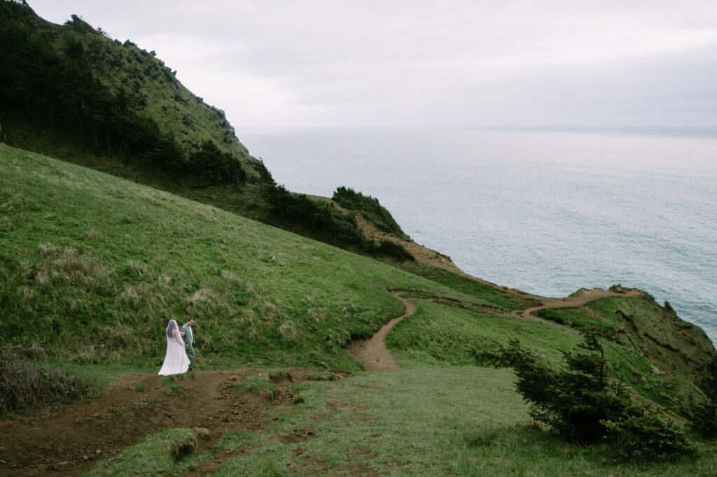 Winding trail through Elk Flats with ocean visible through coastal fog, lush green hillside and dense evergreen treeline