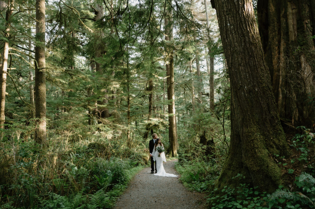 A couple stands small amongst tall forest trees during an Oregon coast elopement. 