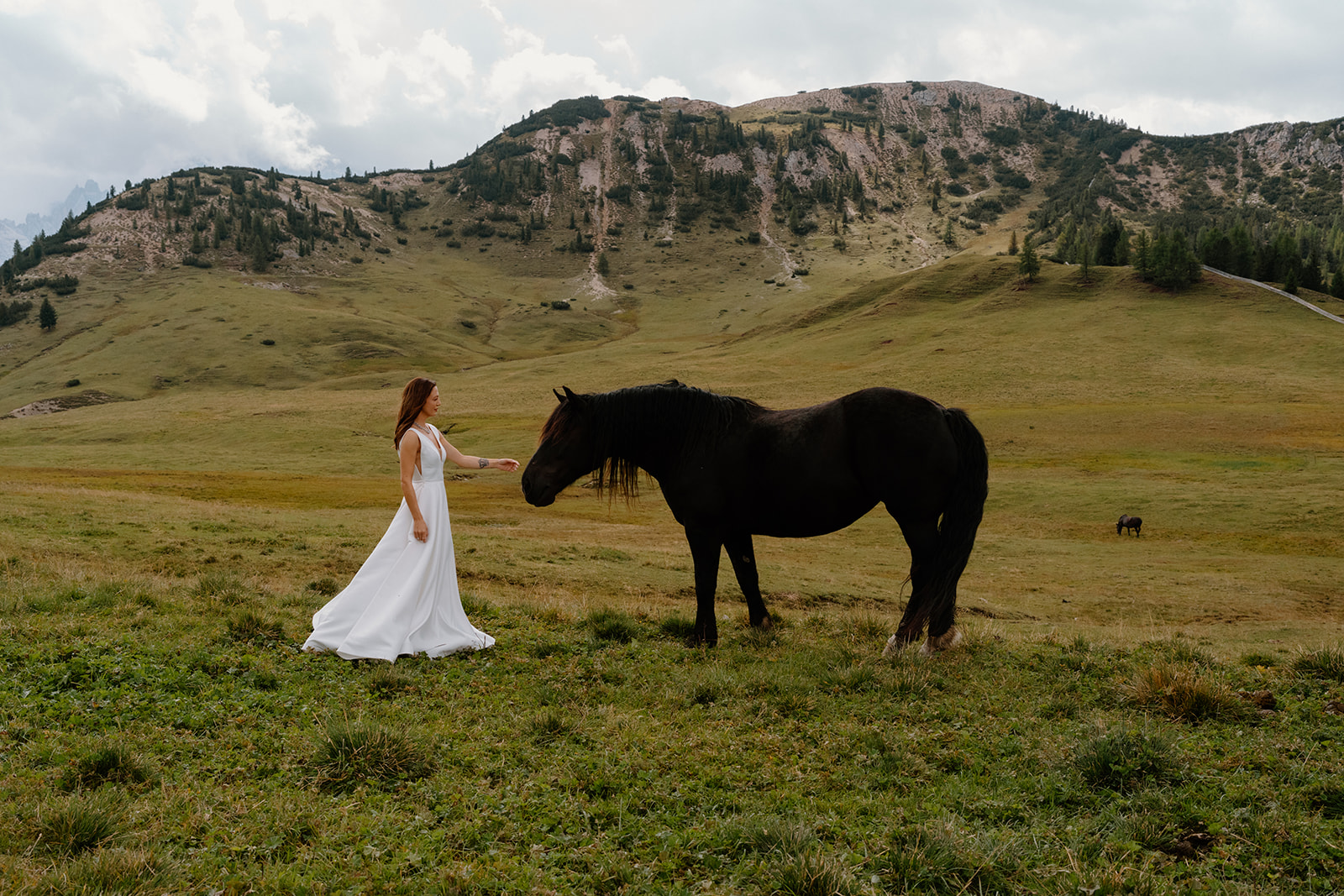 A couple poses in an alpine meadow for their Dolomites elopement photos.