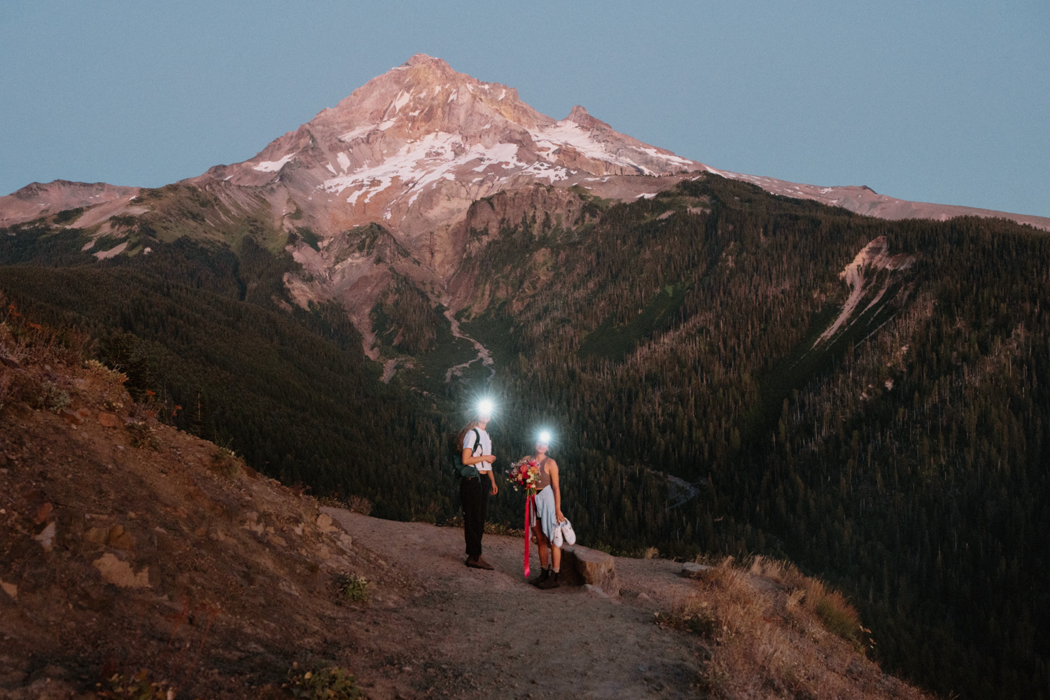 A couple snuggles in front of a pink mountain backdrop at sunset during their Mount Hood elopement