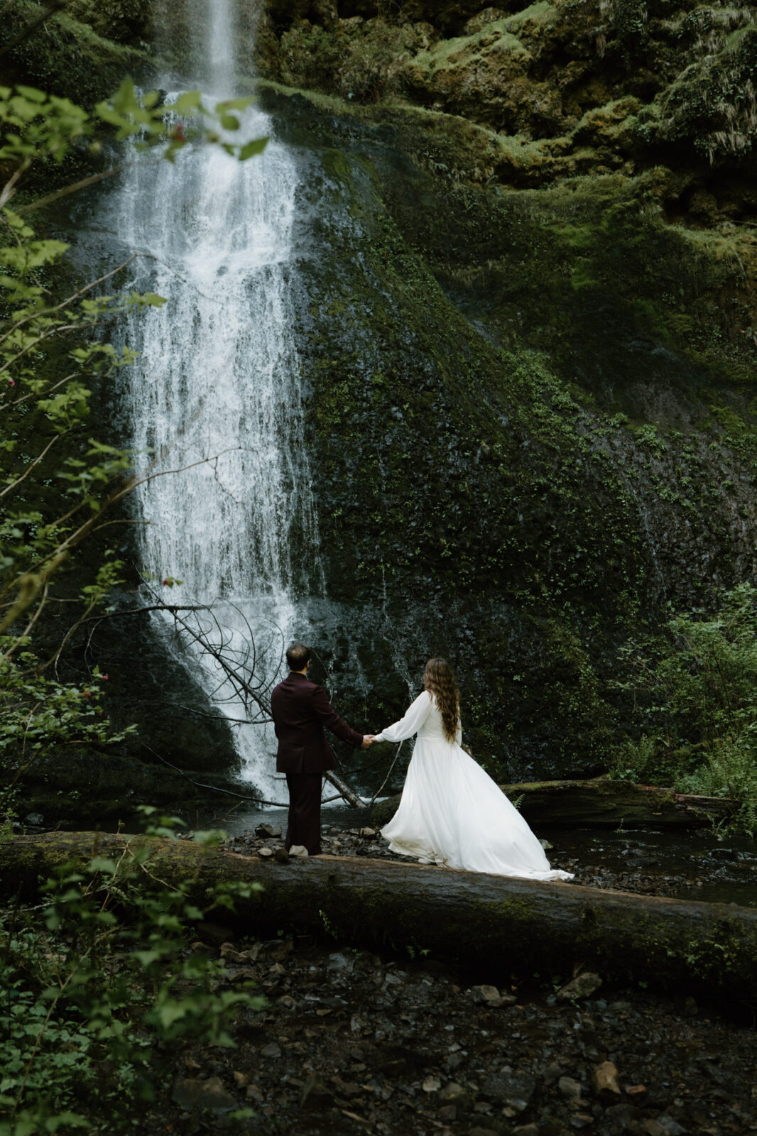 A couple holds hands and looks at a waterfall at a Silver Falls elopement