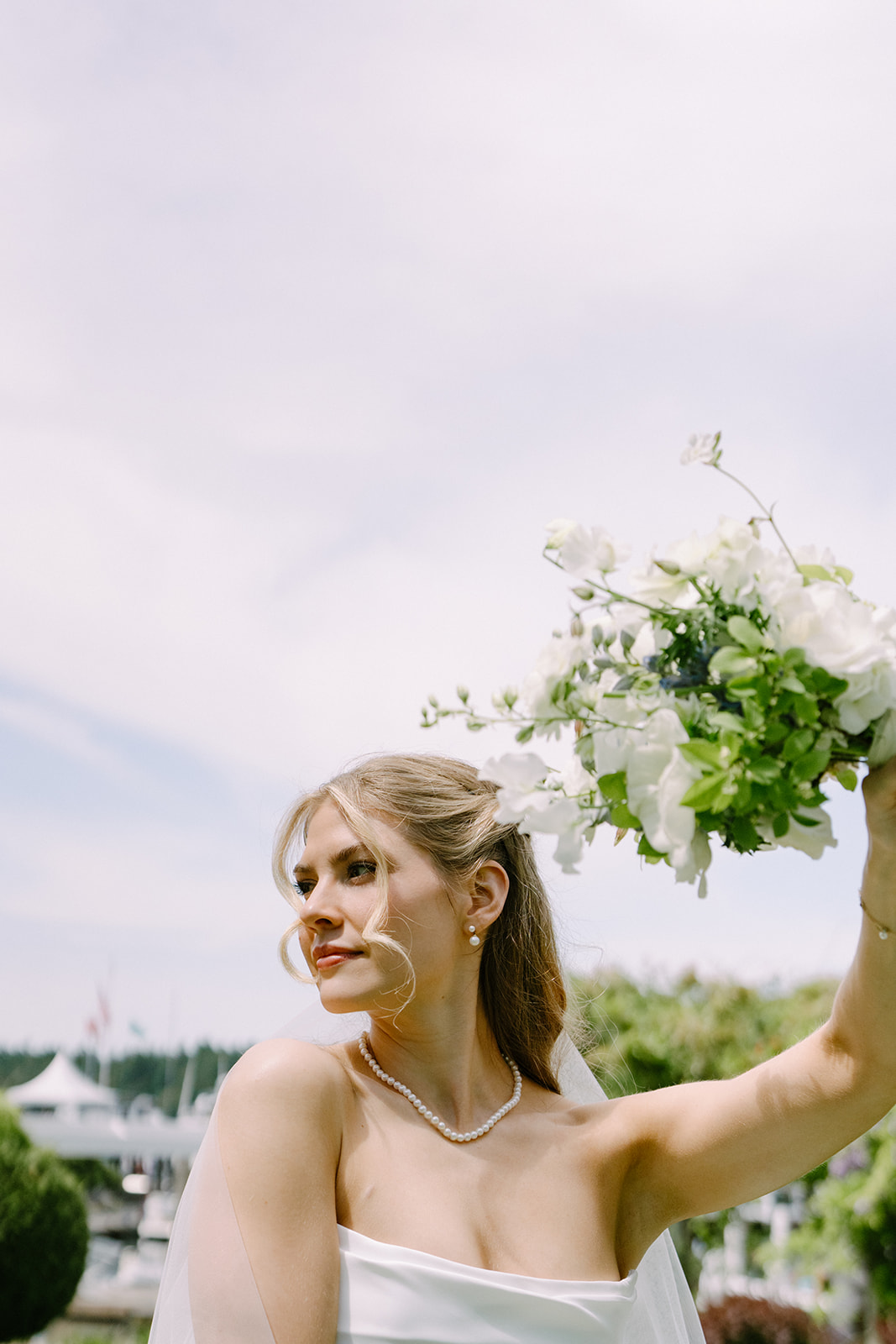 First look moments and wedding party portraits in the gardens at Roche Harbor Resort, San Juan Island.