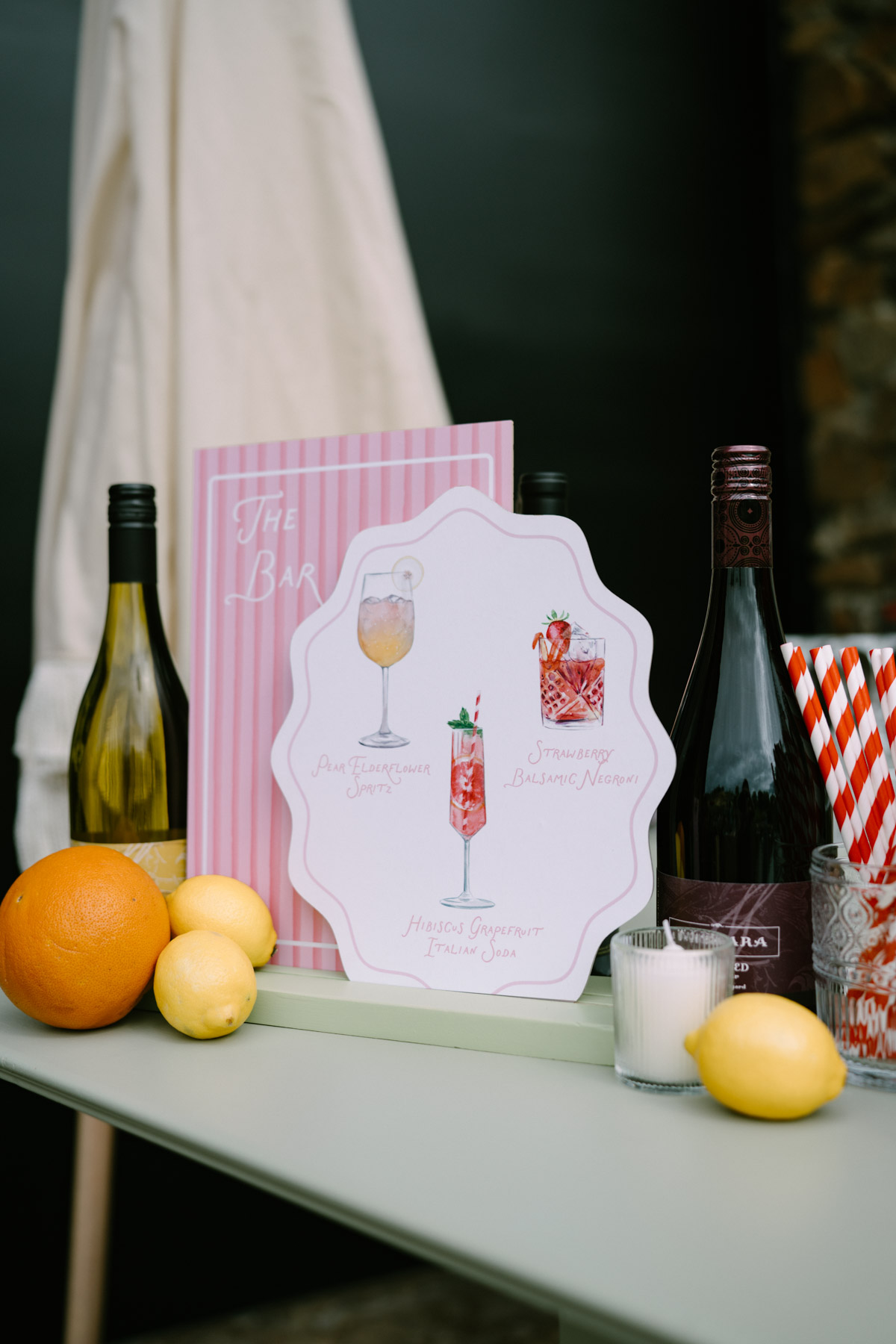 An italian inspired bar set up for wedding cocktail hour at Maysara winery