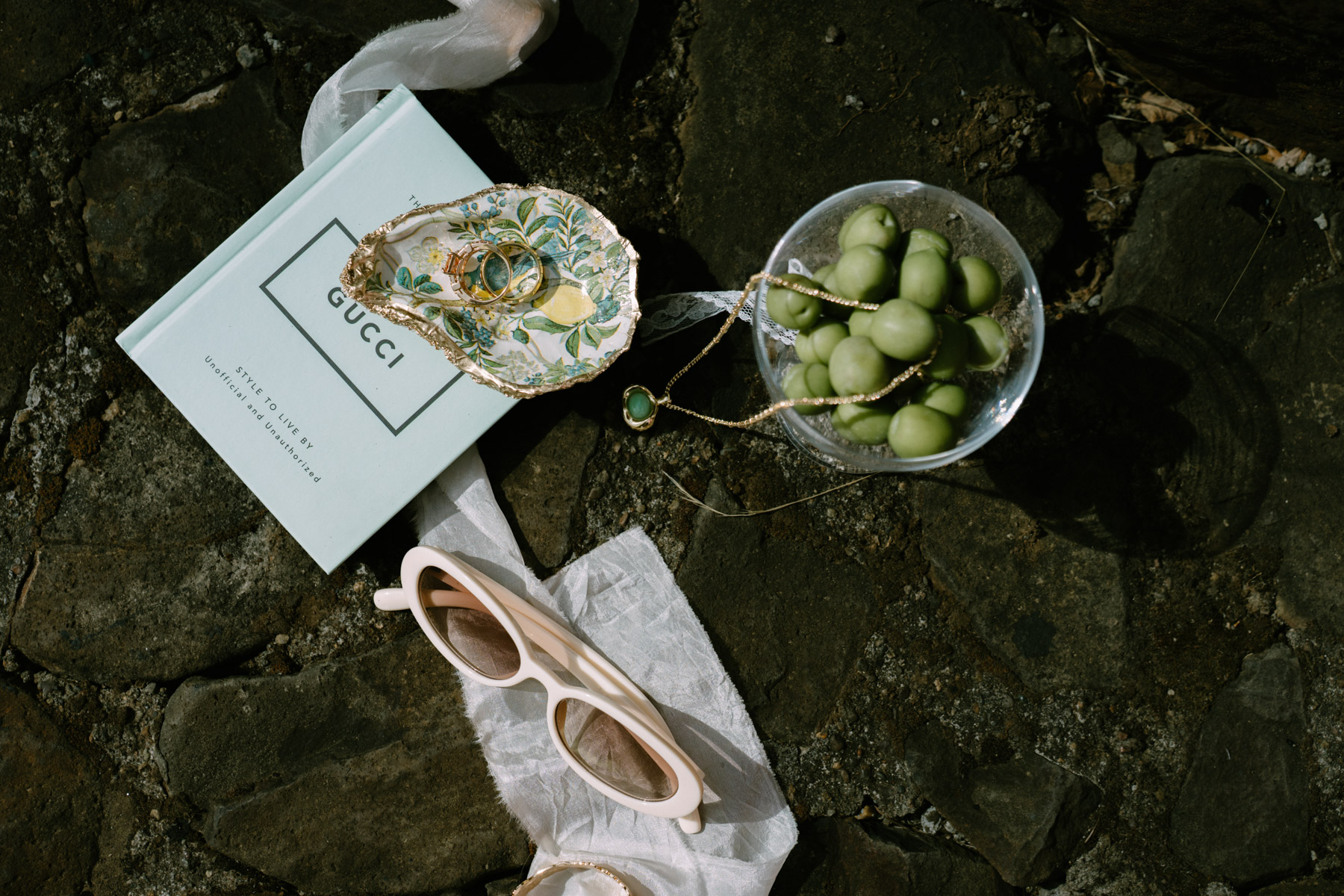 Italian inspired wedding details on dark stone at Maysara winery