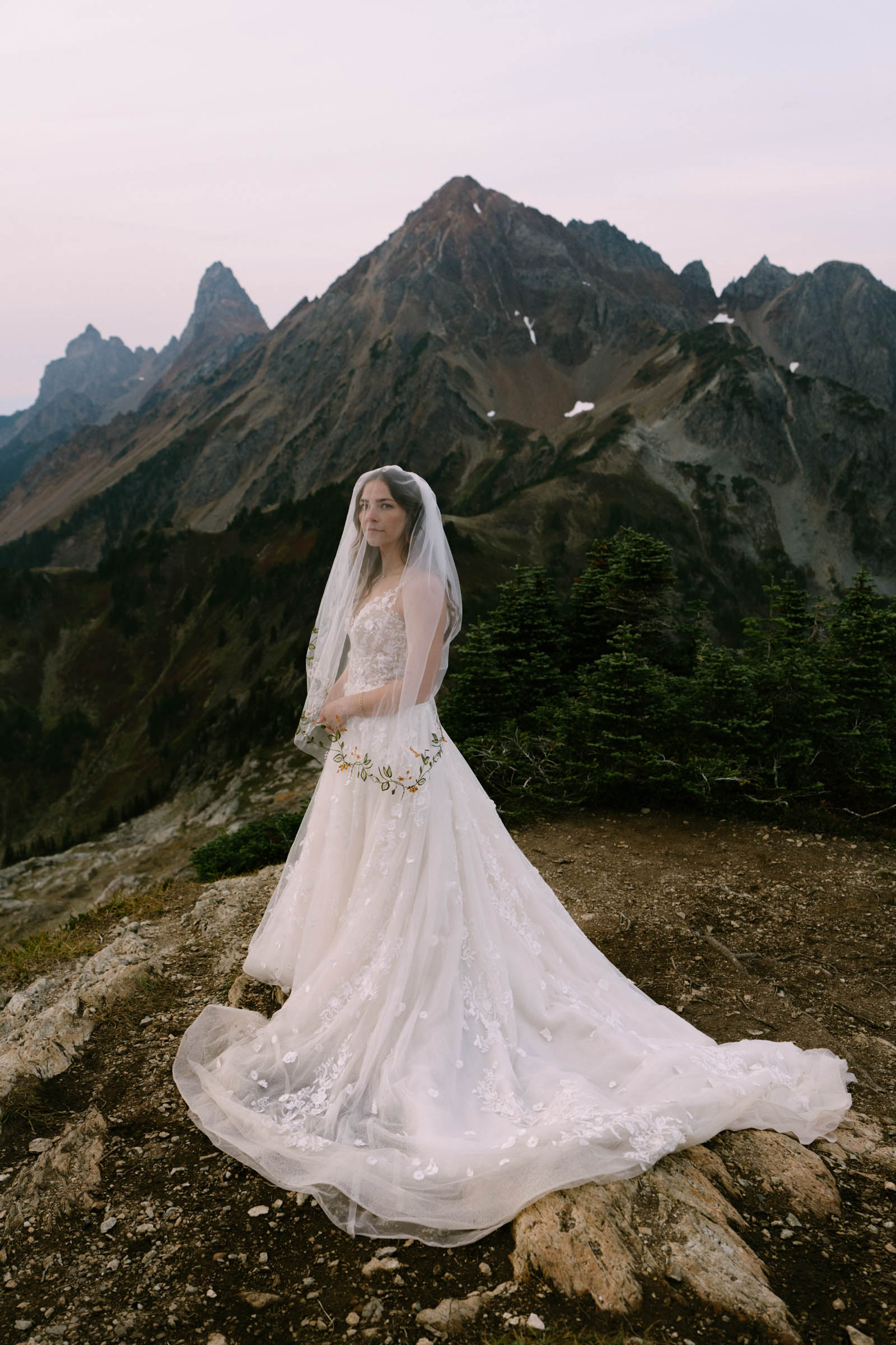A bride stands under her veil in front of jagged peaks during her Winchester Fire Lookout elopement. 