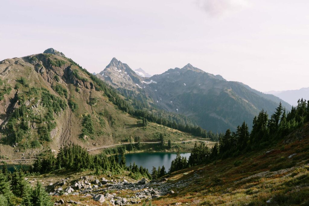 Rugged North Cascades peaks above an alpine lake near Winchester Mountain